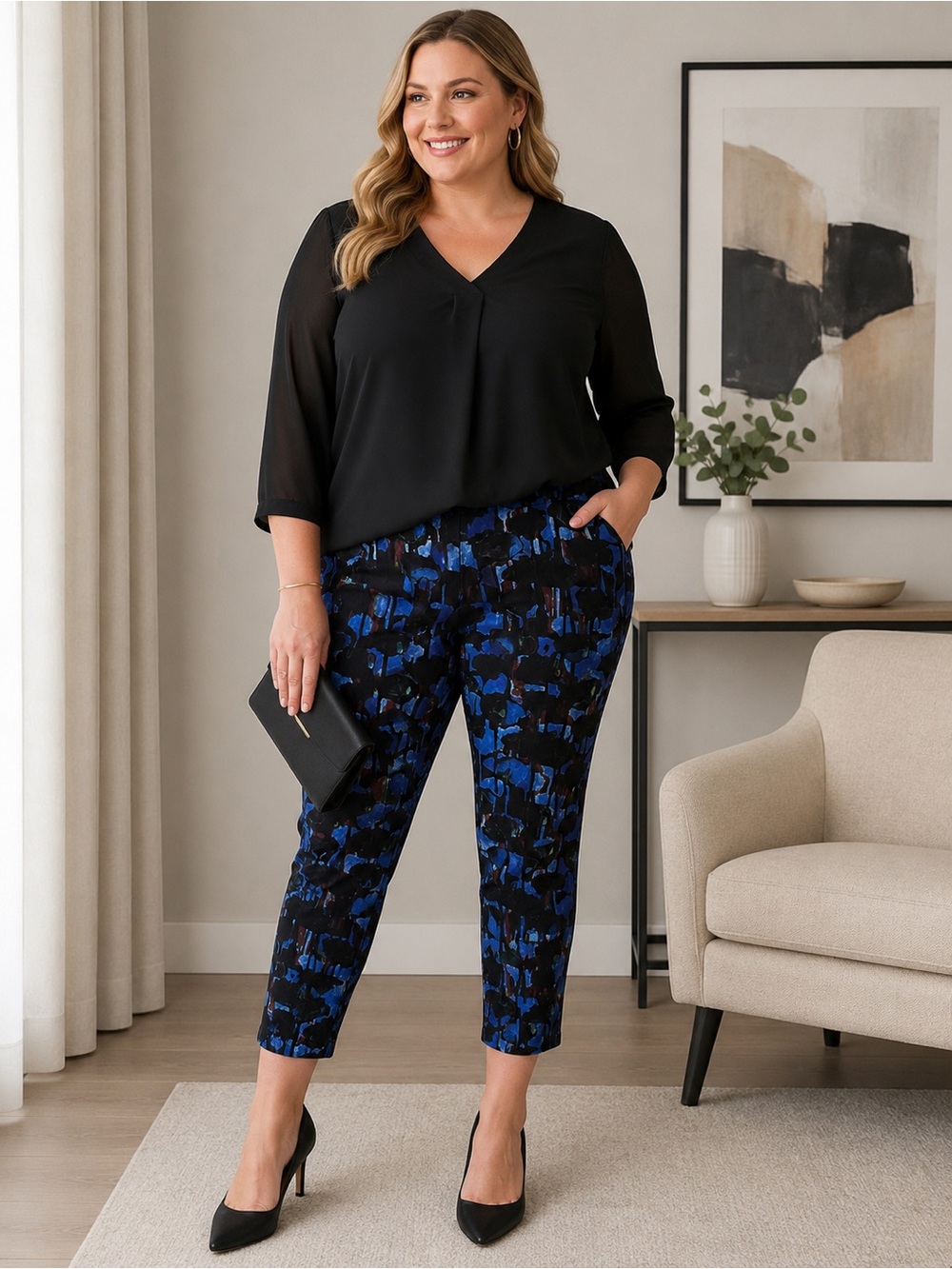 Joseph Ribkoff Black & Blue Abstract Ankle Pants Size 20 Stretch Capsule